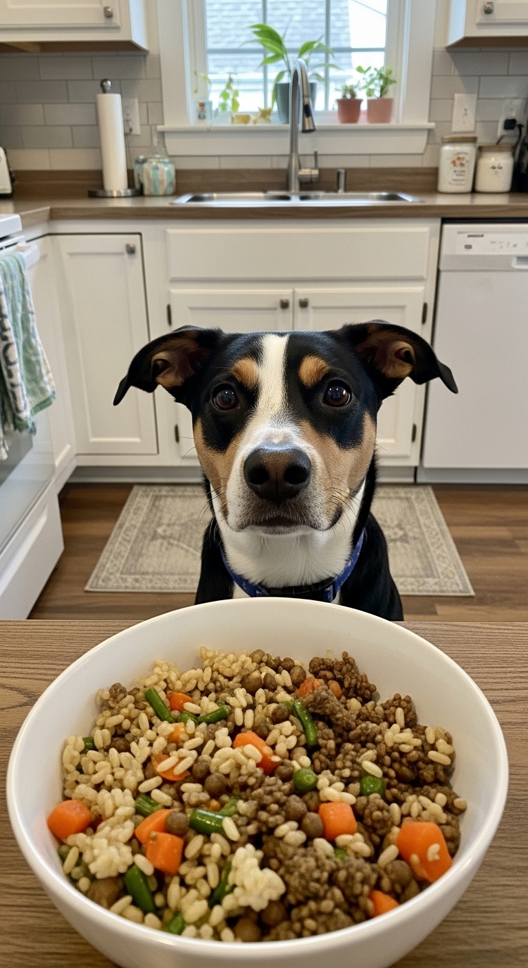 A dog is looking at a bowl of food.