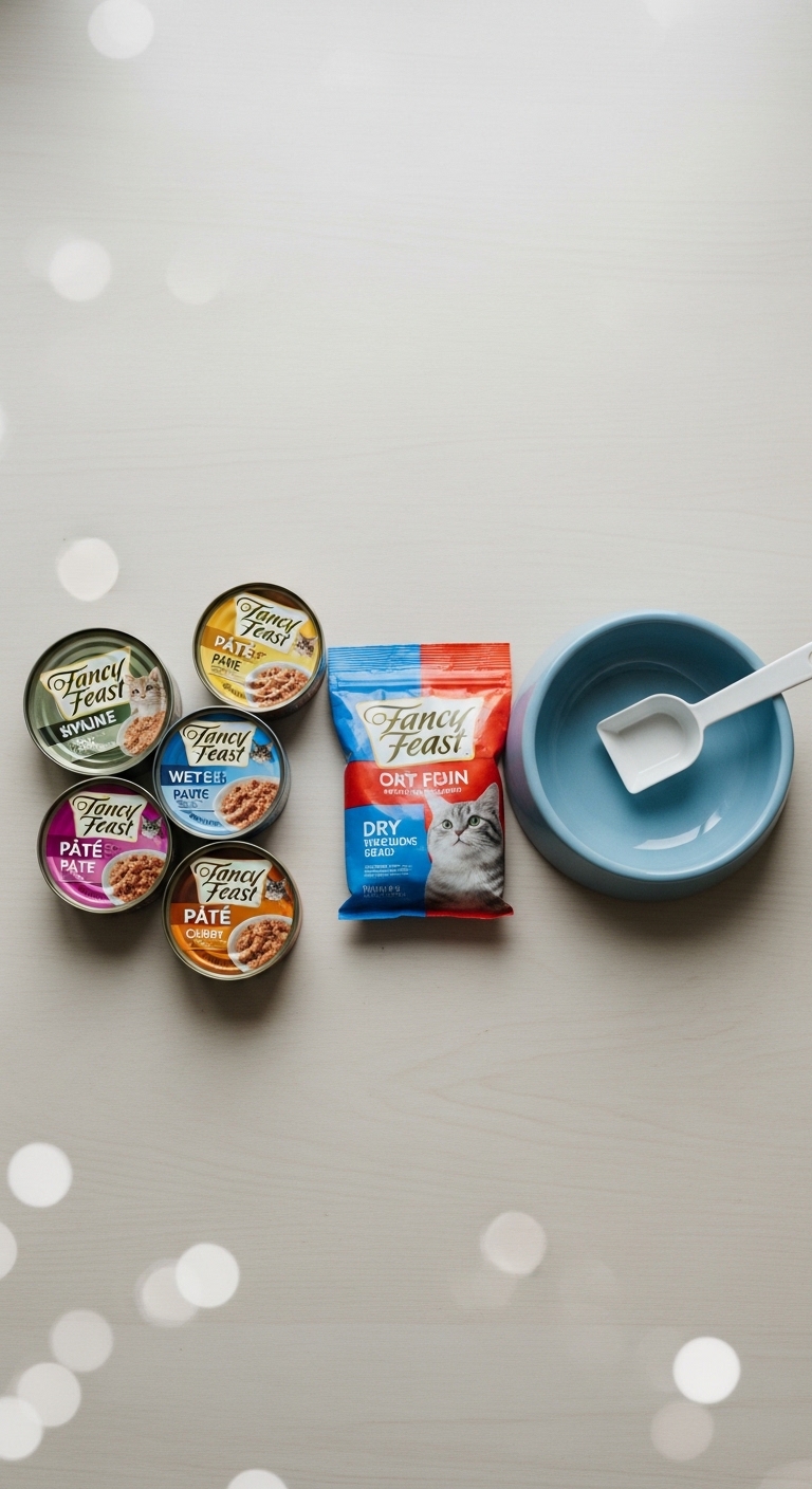 A variety of Fancy Feast cat food cans are displayed on a table.