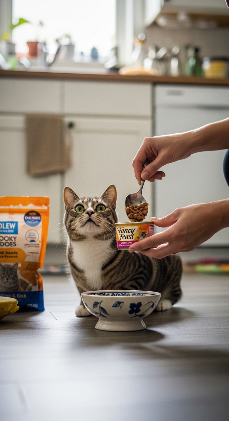 A cat is sitting on the floor next to a bowl of food.