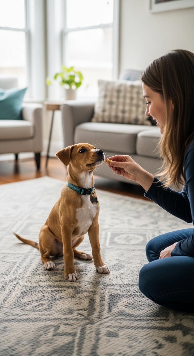 A woman is feeding a dog a treat.