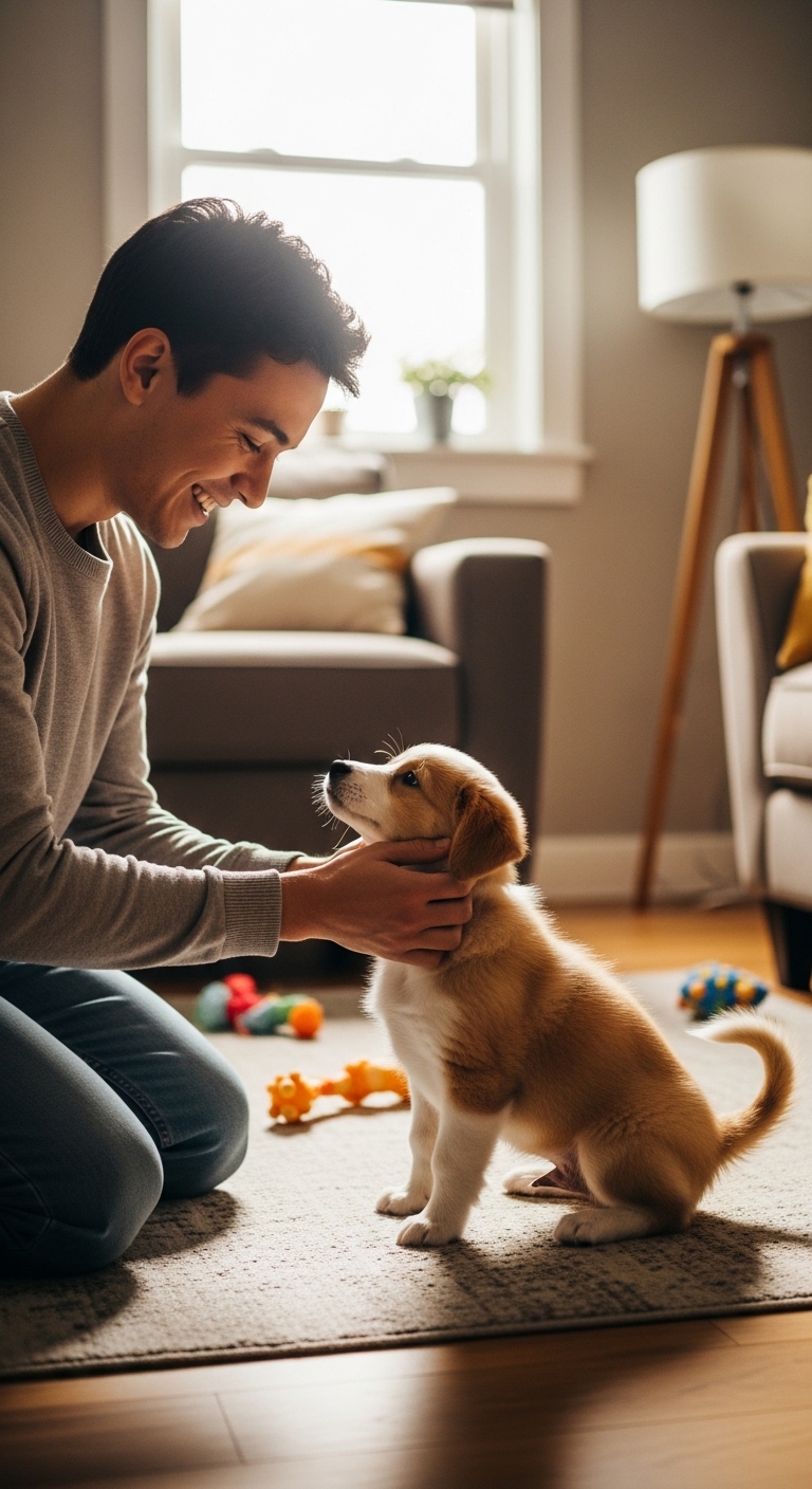 A man is holding a small dog in his arms.