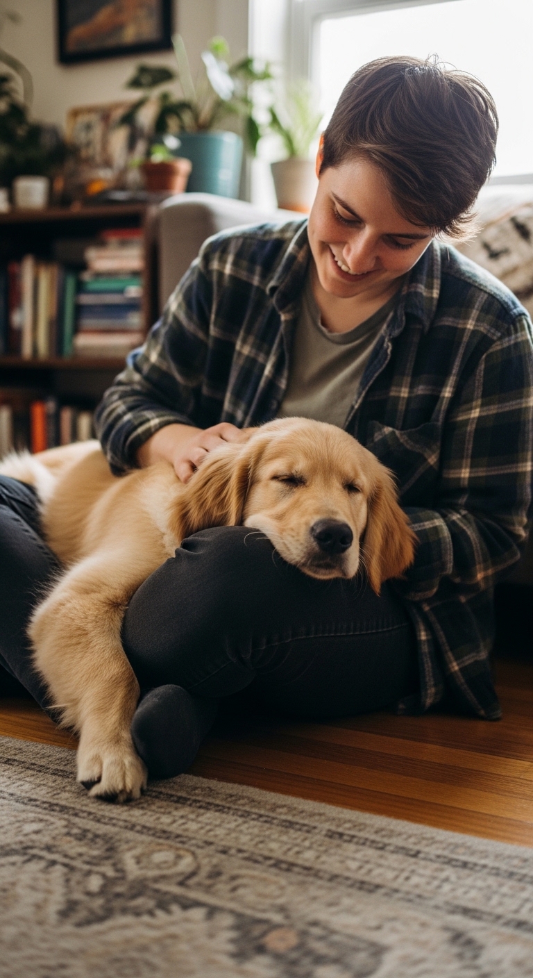 A woman is holding a dog in her lap.