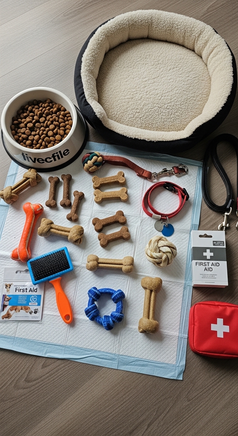 A collection of dog toys and supplies for first time dog owners.