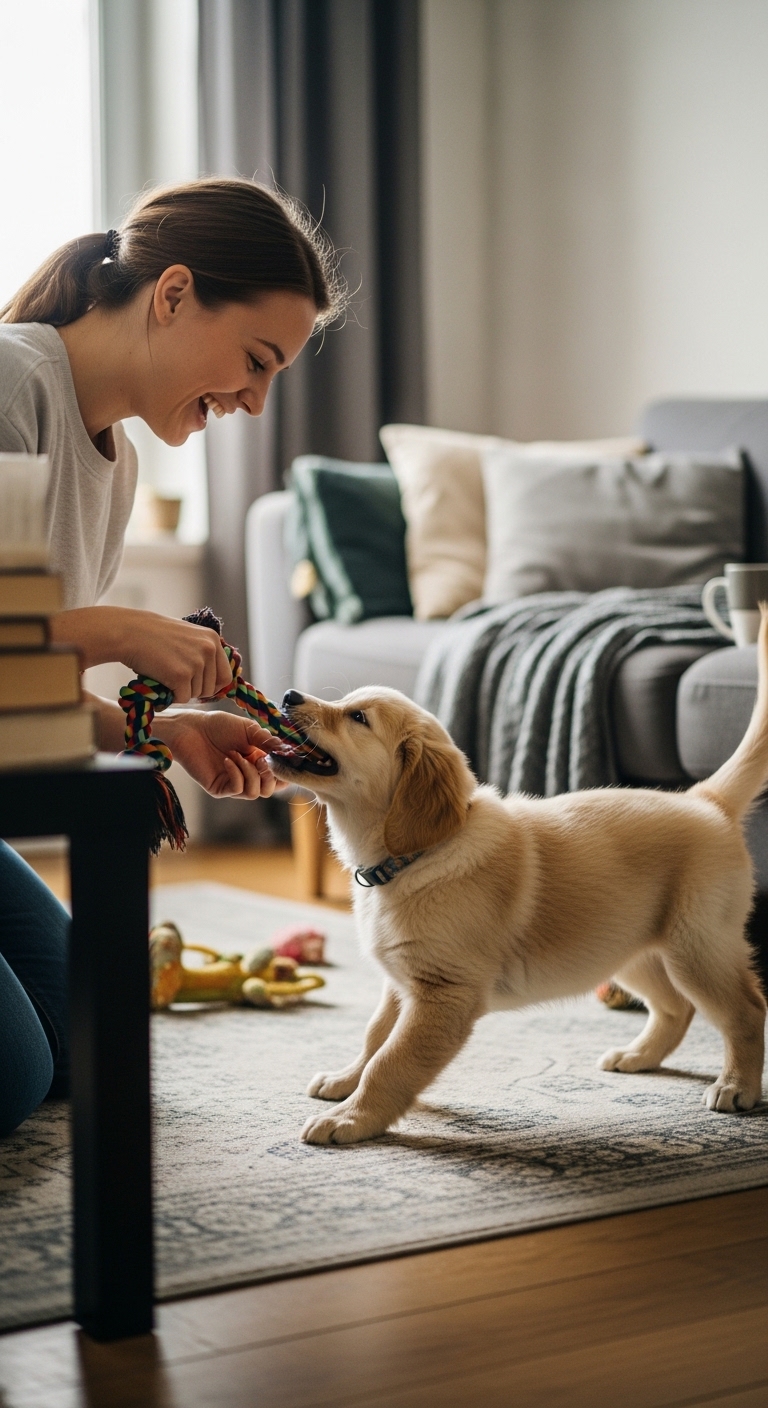 A woman is holding a dog on a leash.