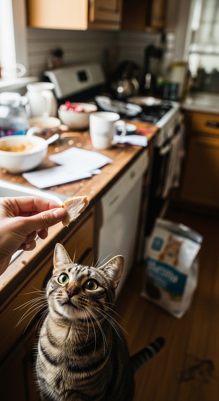 A cat is looking at a piece of food.