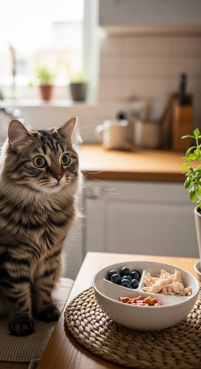 A cat sitting in front of a bowl of food.