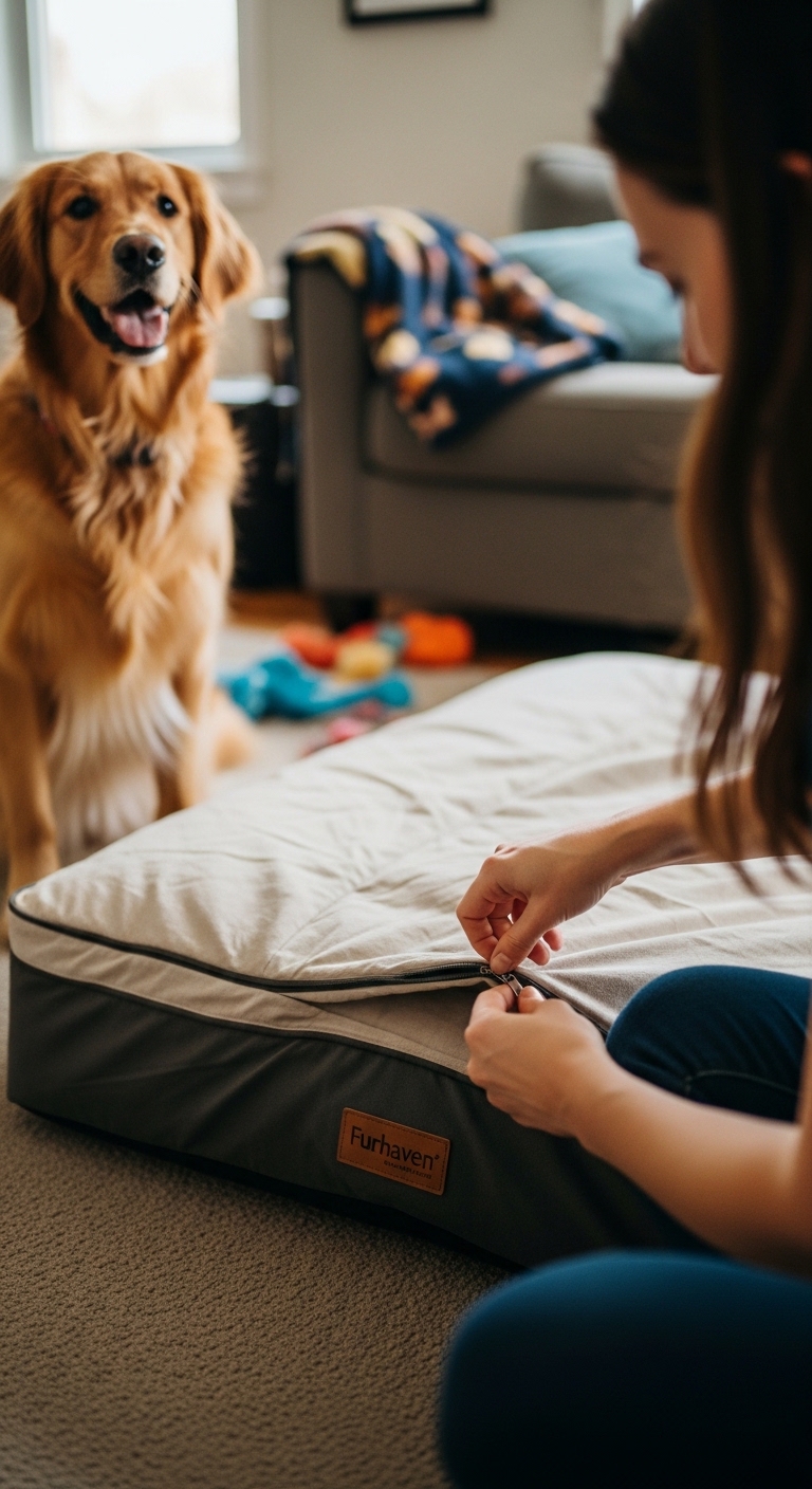 A woman is fixing a Furhaven dog bed.