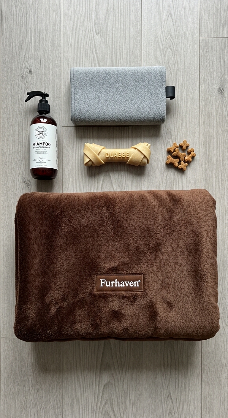 A brown dog bed with a brown blanket and a brown dog toy.