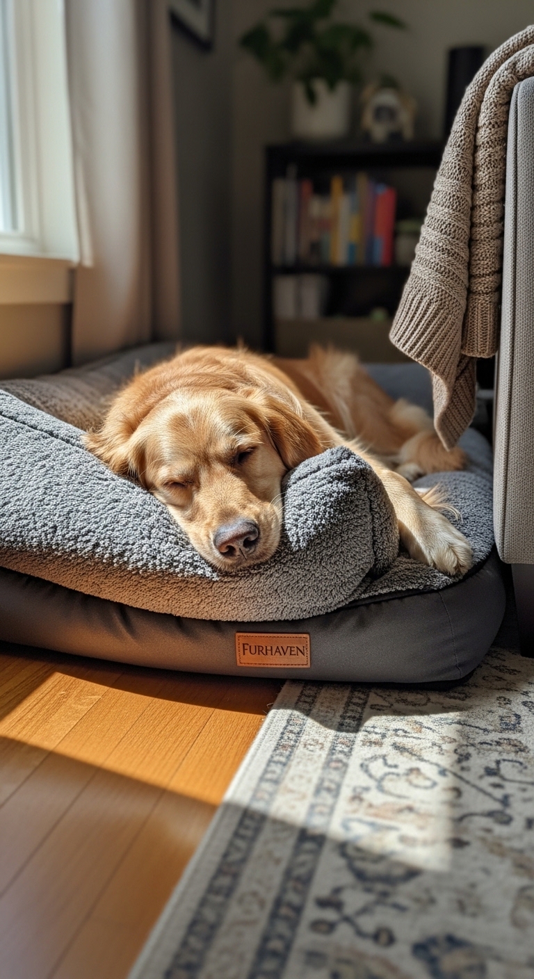 A dog is laying on a Furhaven dog bed.