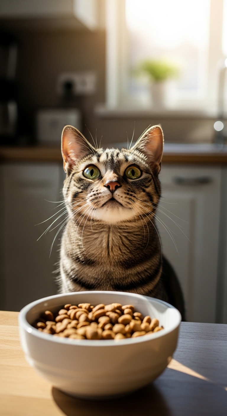 A cat eating healthy cat food.