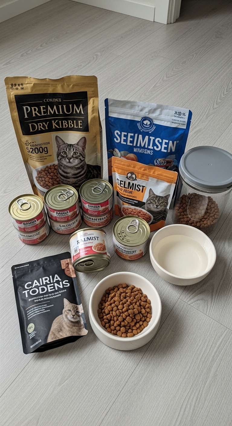 A variety of cat foods are displayed on a table.