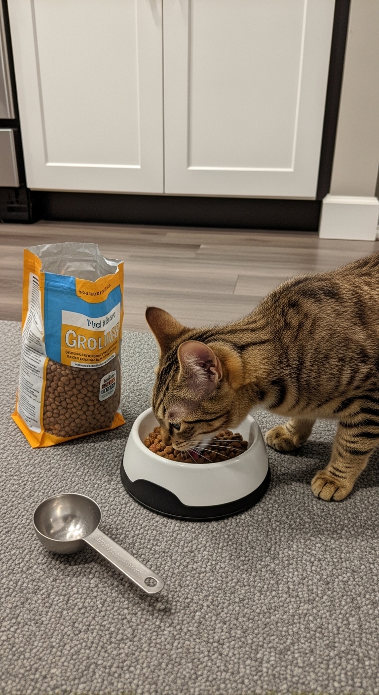 A cat eating food from a bowl.