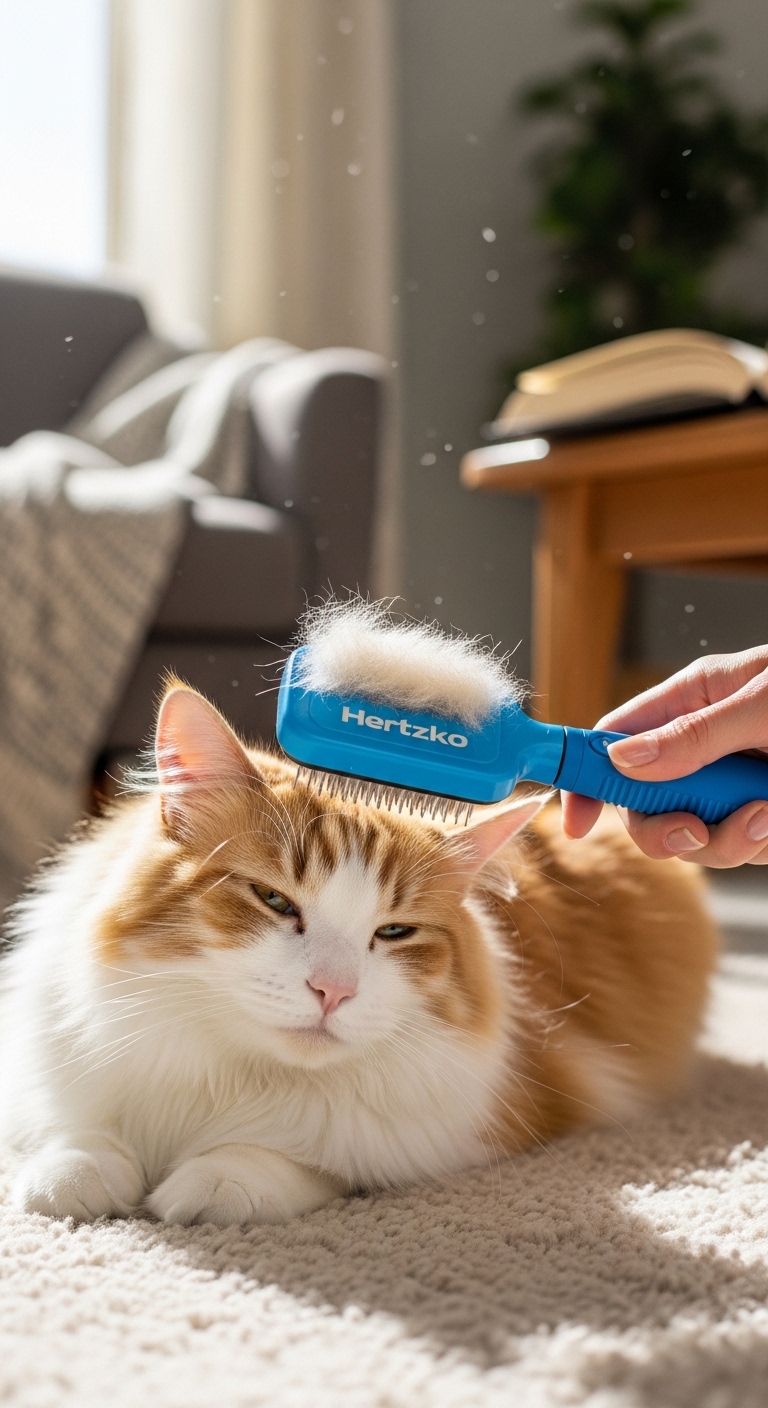 A cat is being brushed with a blue Hertzko brush.