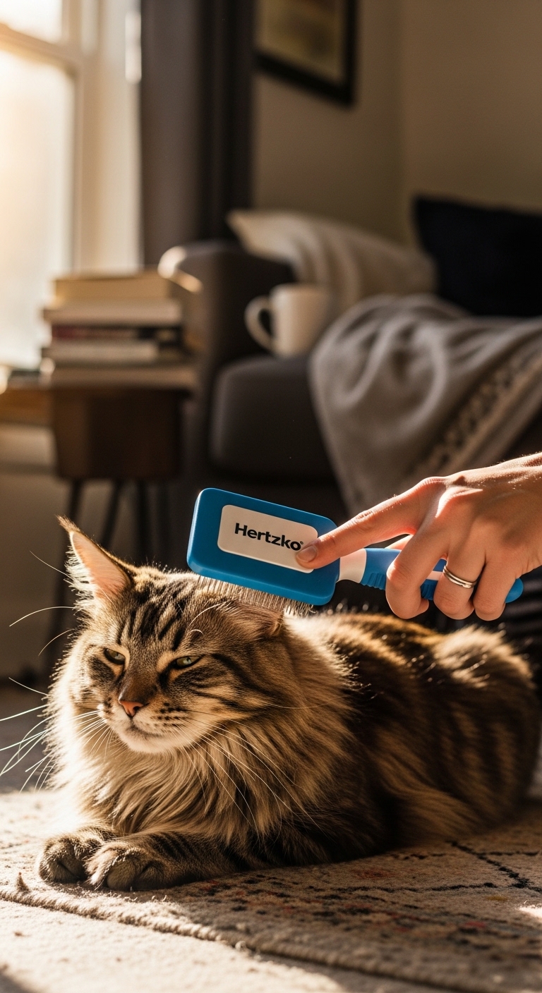 A person is brushing a cat with a blue brush.