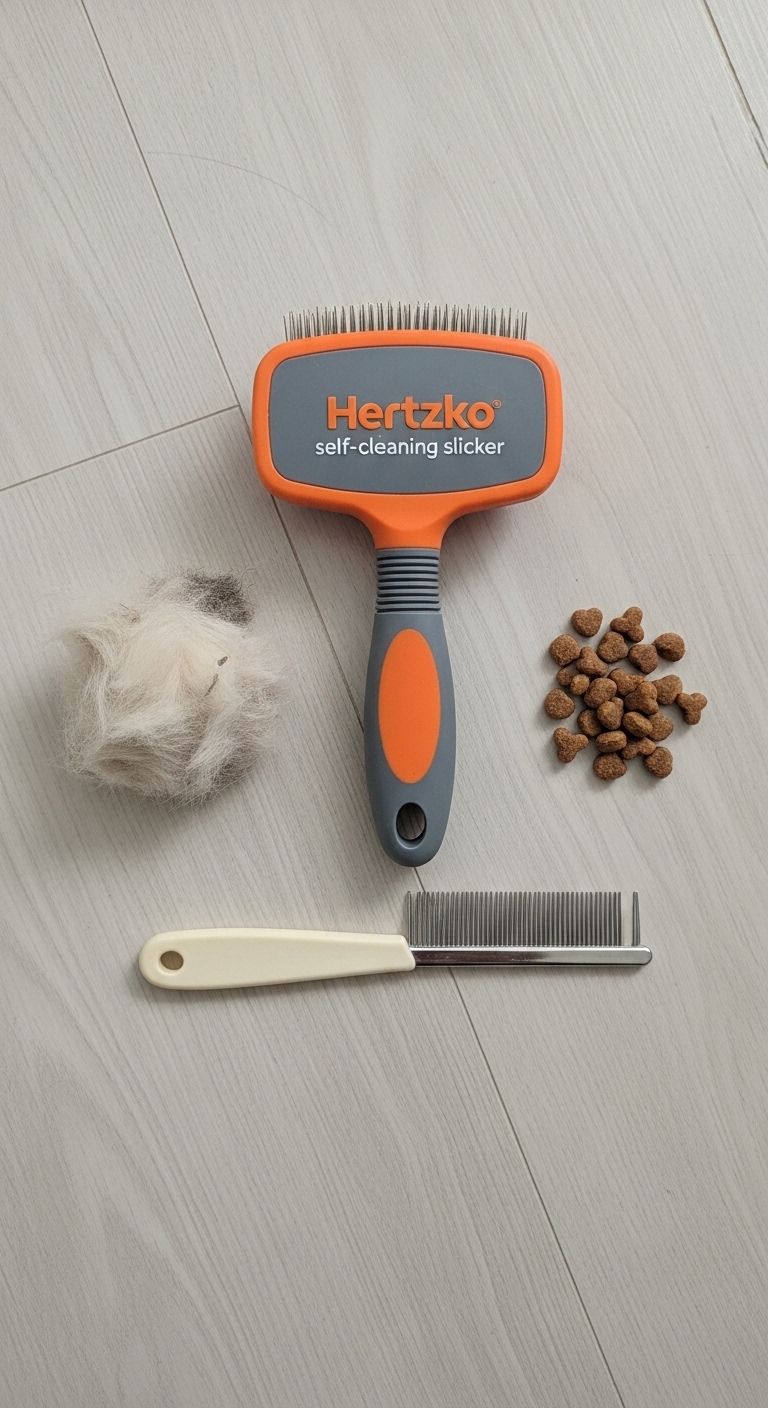 A Hertzko cat brush is on a table.
