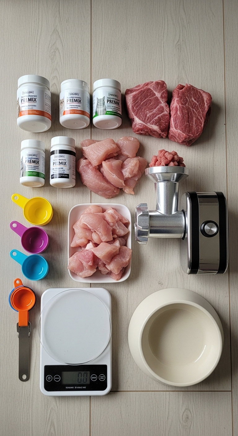 A table with a variety of ingredients for making cat food.