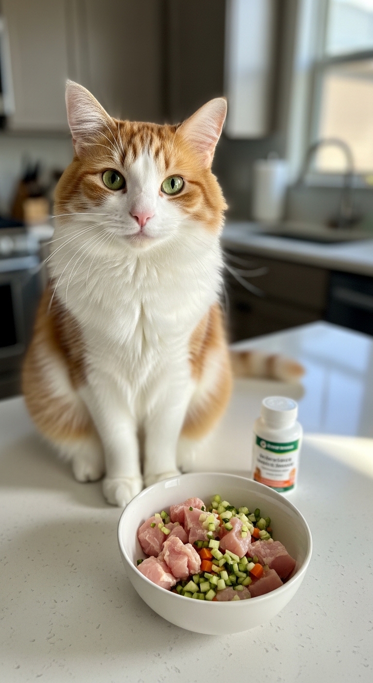 A cat sitting on a counter next to a bowl of food.