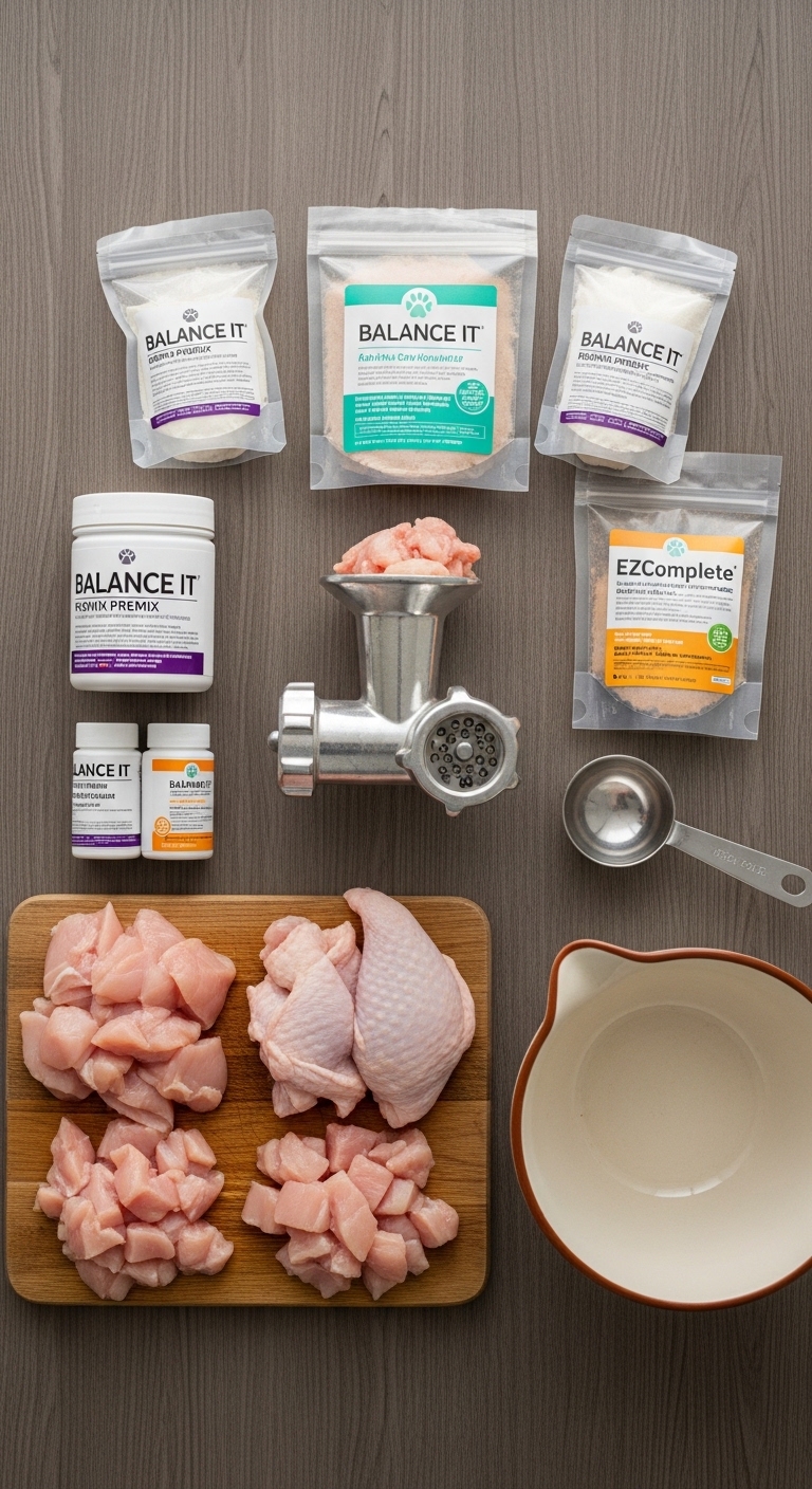 A variety of ingredients for making cat food.