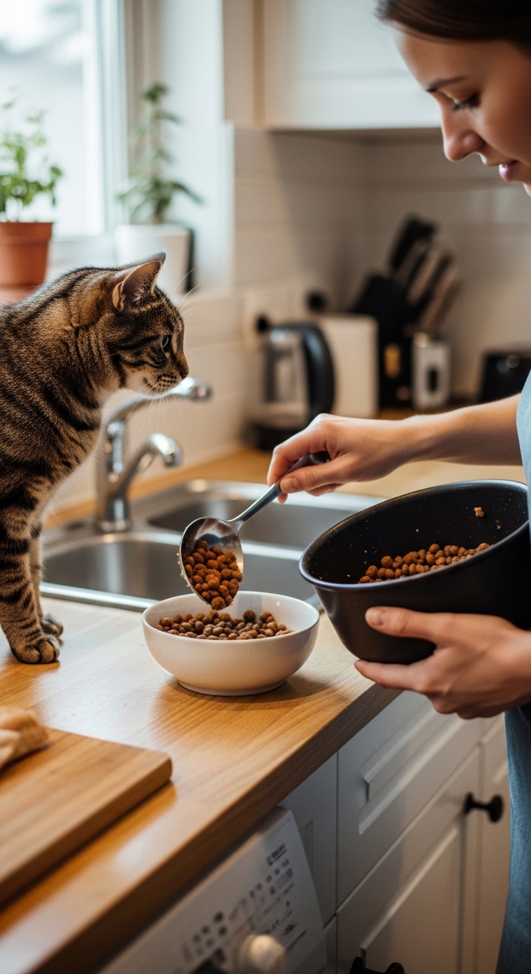 A person is feeding a cat from a bowl.