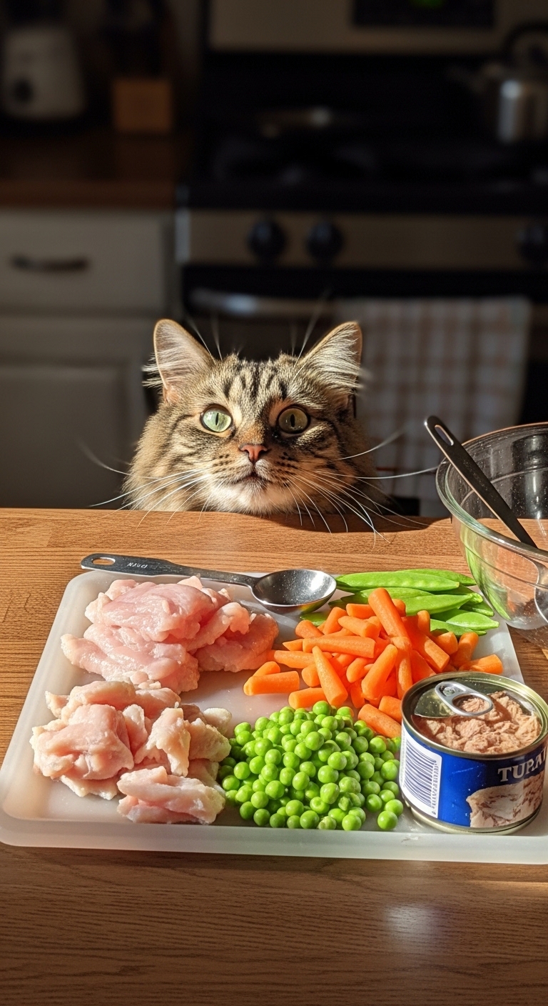 A cat looking at a plate of food.