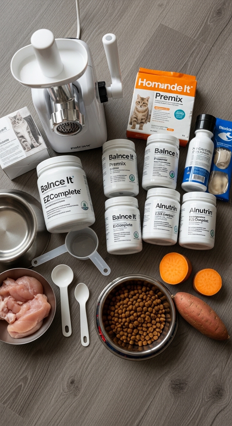 A variety of cat food ingredients are displayed on a table.