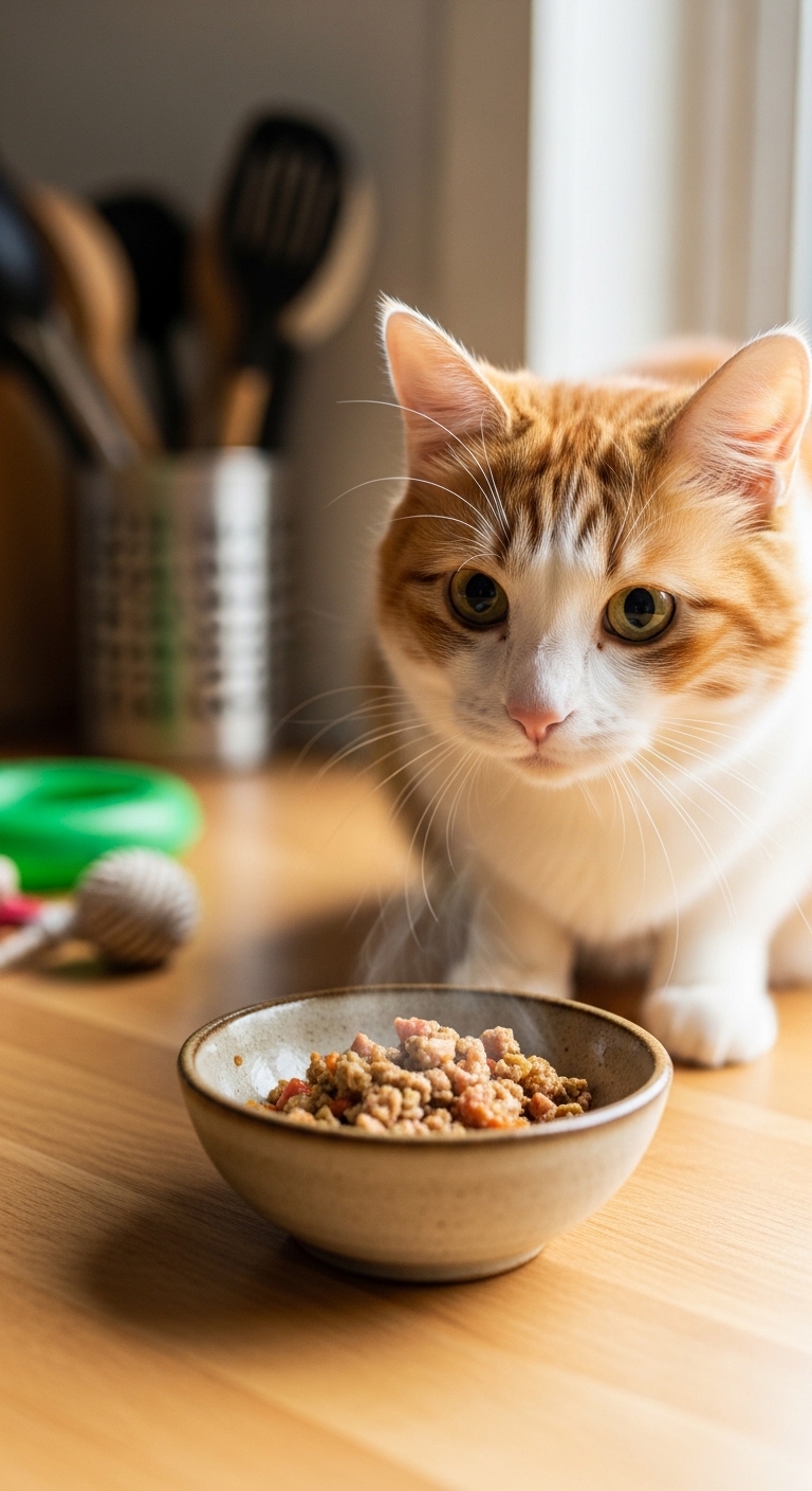 A cat eating homemade cat food.
