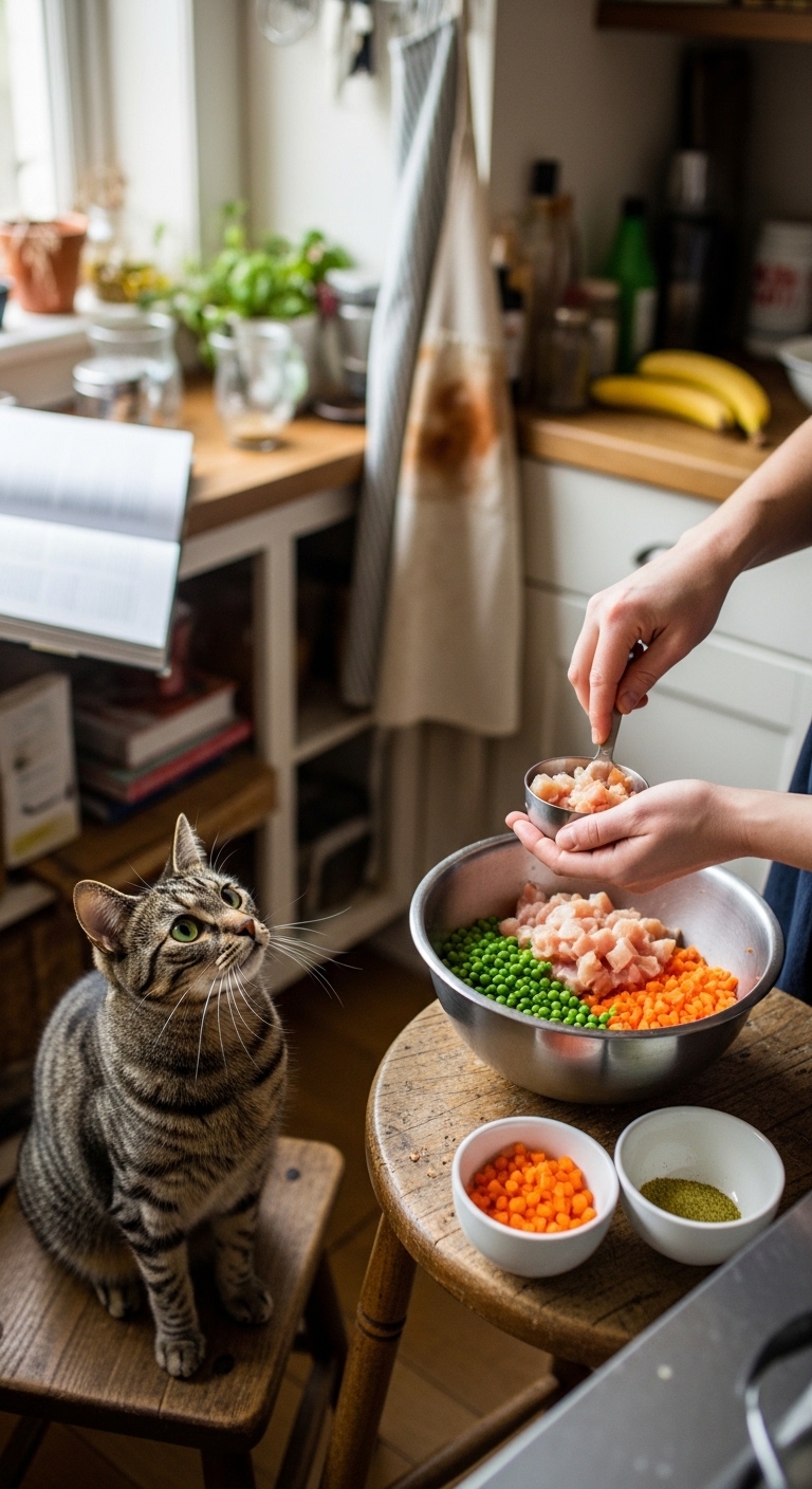 A person is preparing homemade cat food.