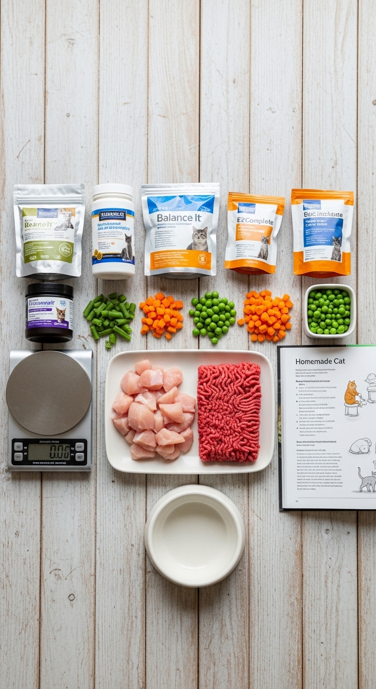 A table full of ingredients for homemade cat food.