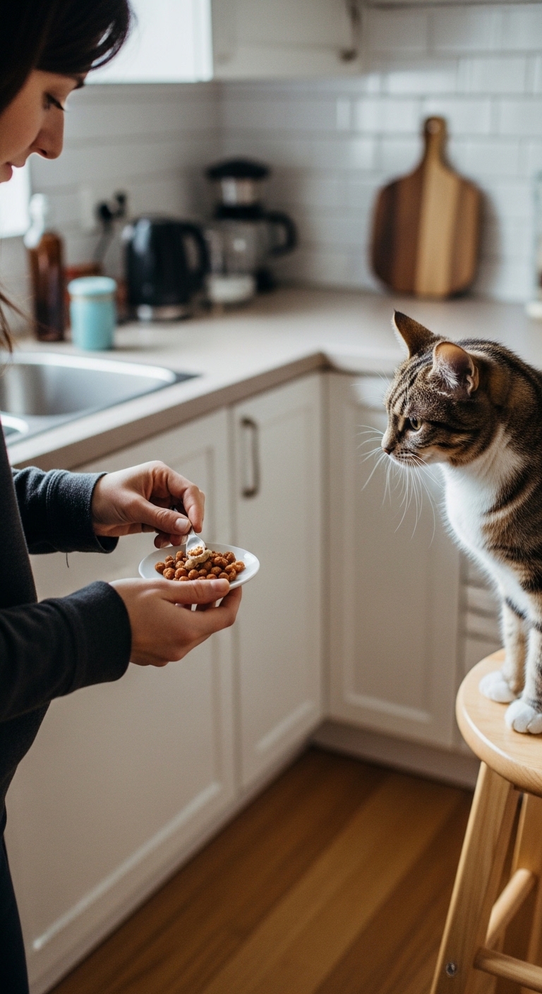 A woman is feeding a cat from a white plate.