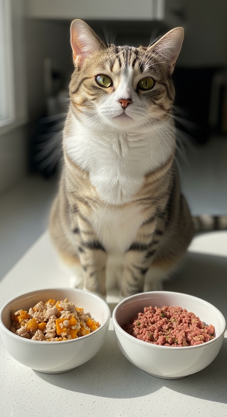 Two bowls of cat food on a table.
