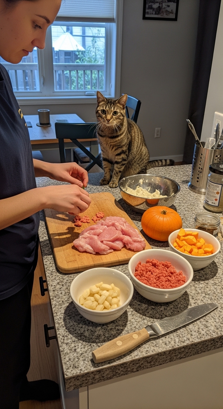 A person prepares homemade cat food.
