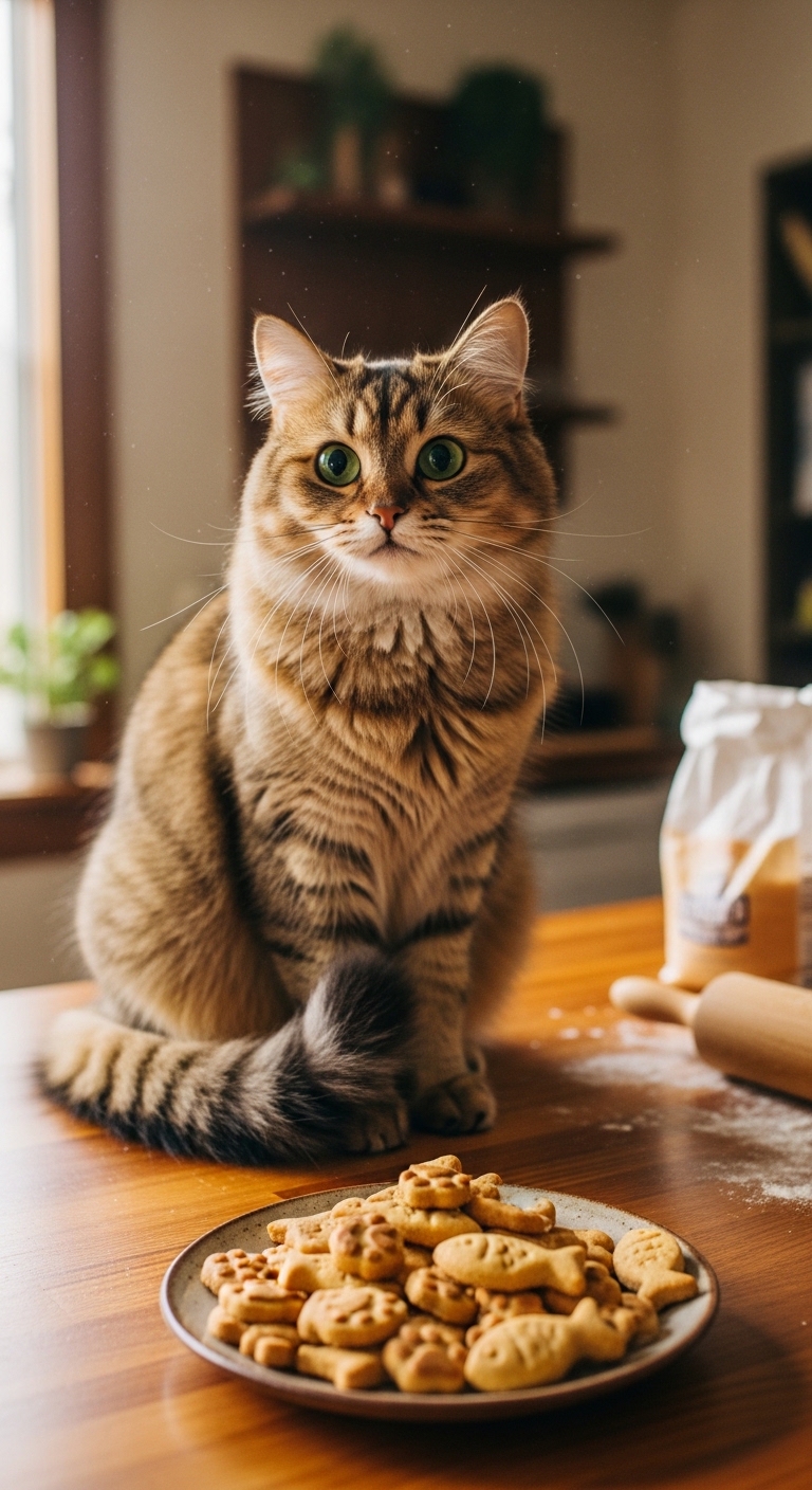 A cat sitting on a table with a bag of flour.