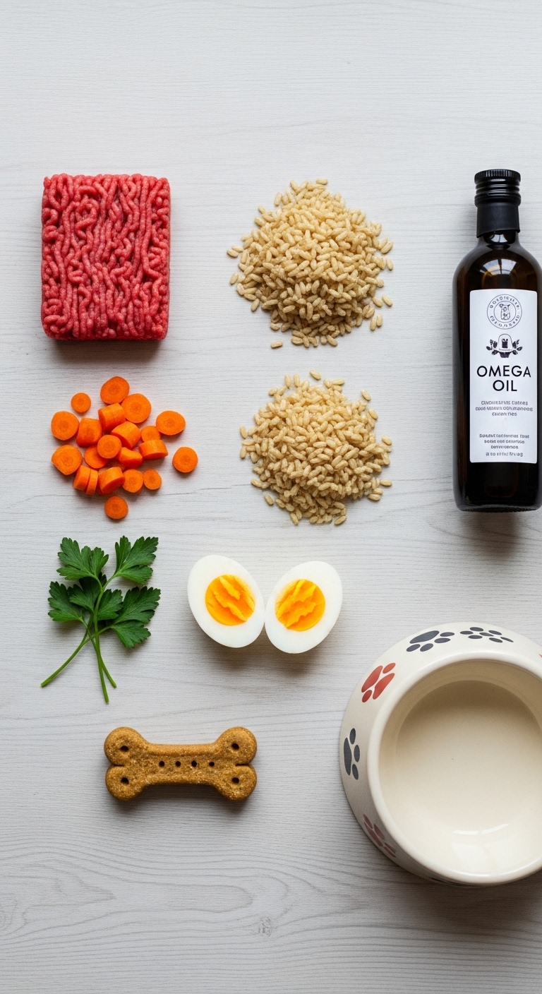 A table with various ingredients for homemade dog food.