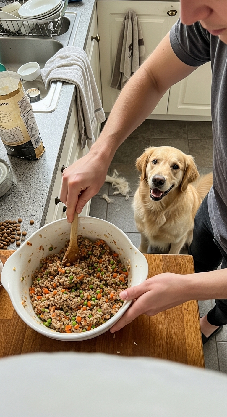 A person is mixing a homemade dog food recipe.