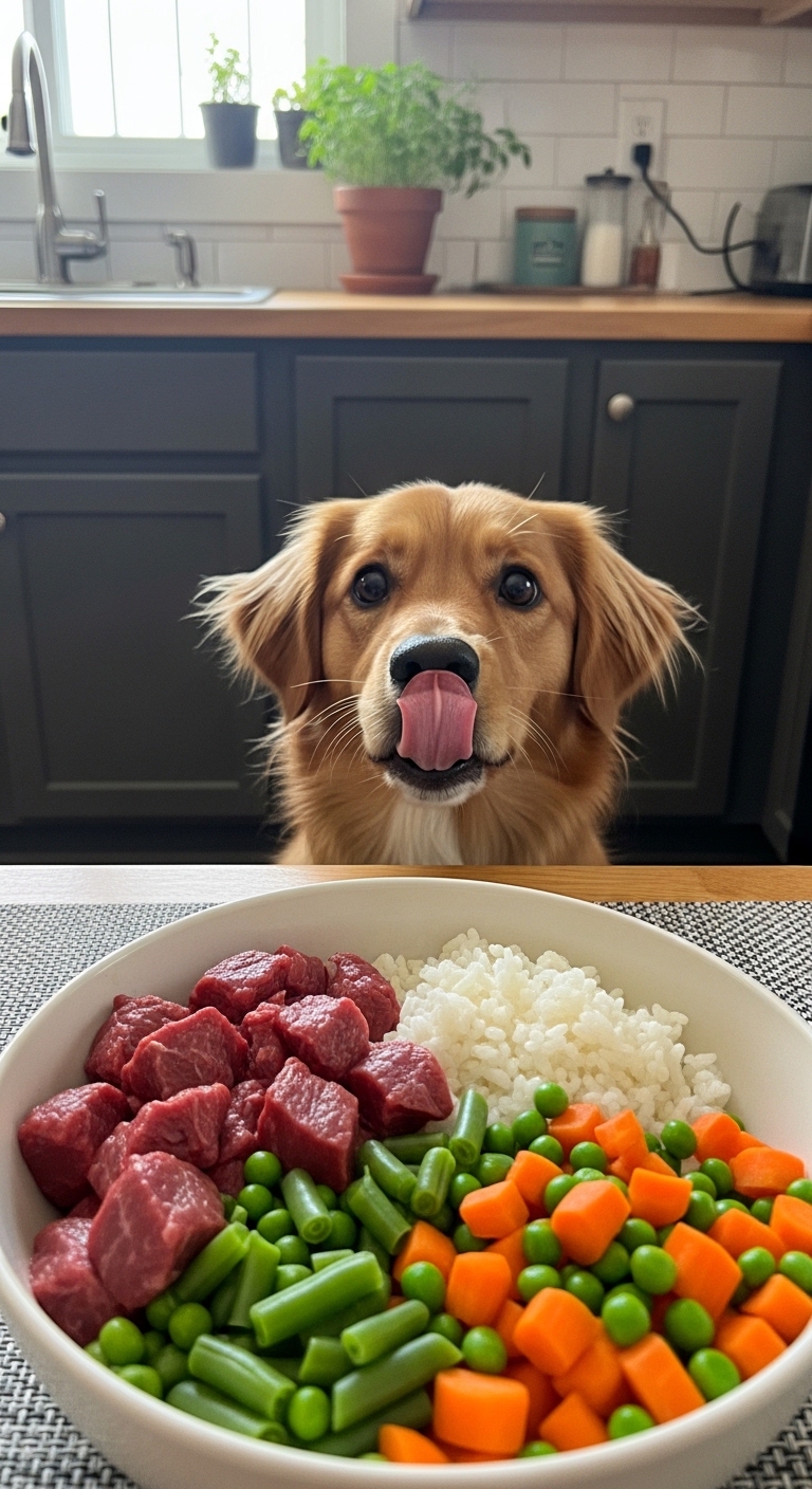 A dog is licking its lips in front of a bowl of homemade dog food.