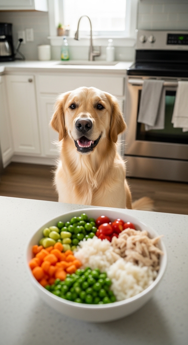 A dog is looking at a bowl of food that includes carrots, tomatoes, and rice.