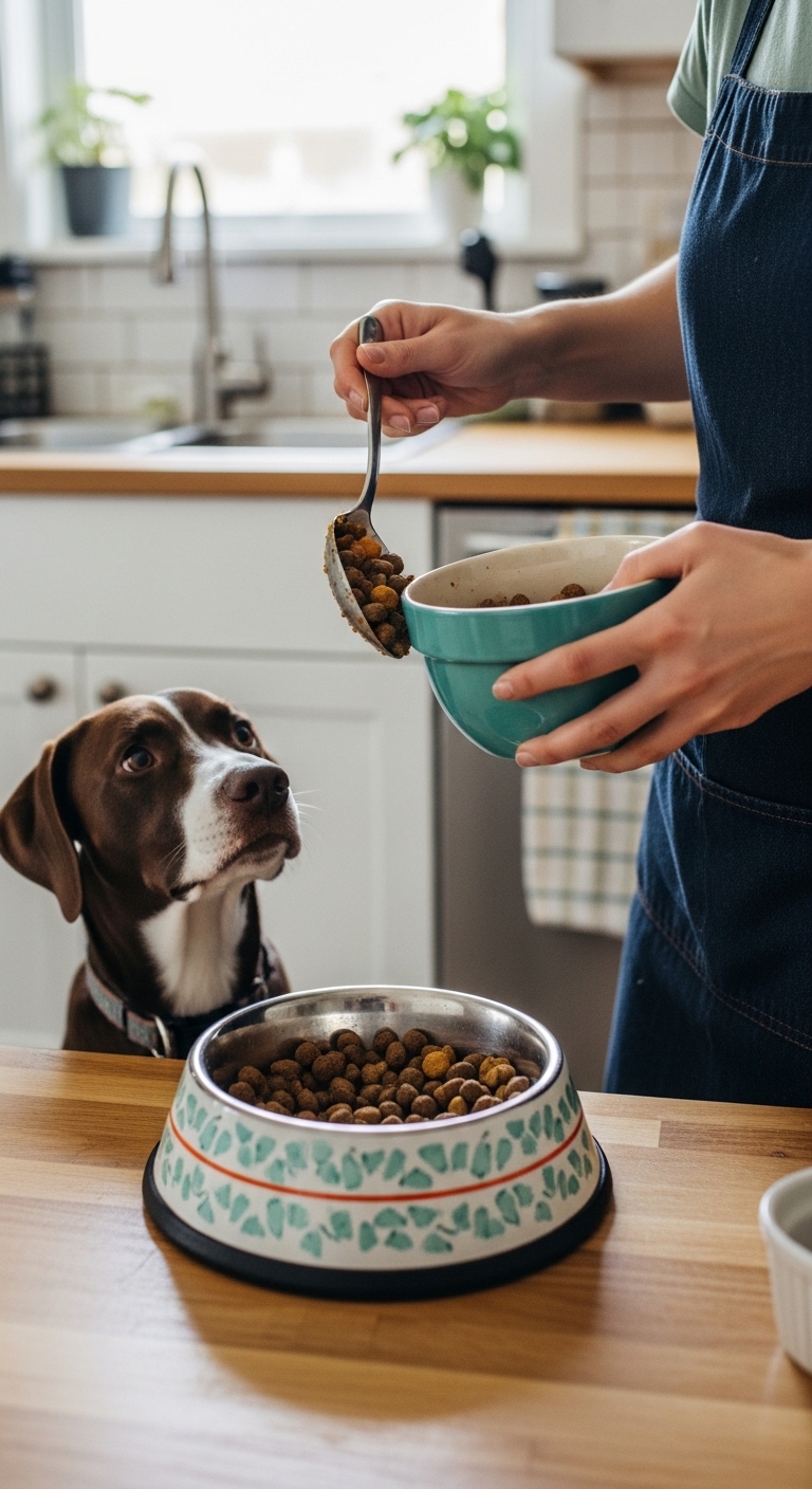 A dog is looking at a bowl of food.