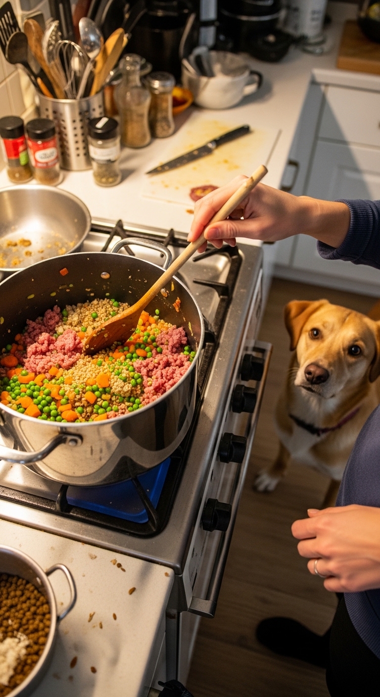 A person is cooking a meal for their dog.