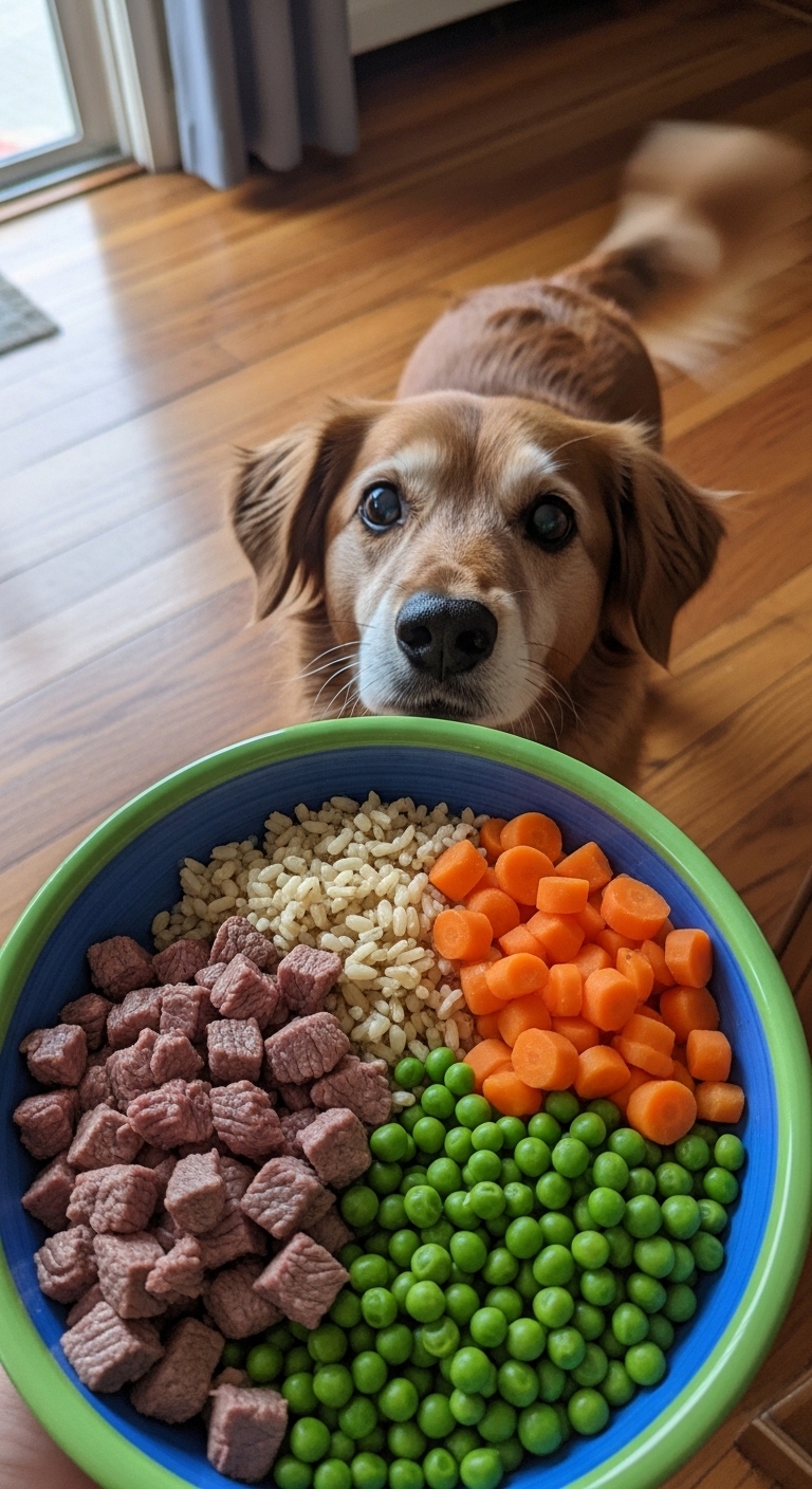 A dog is looking at a bowl of food.
