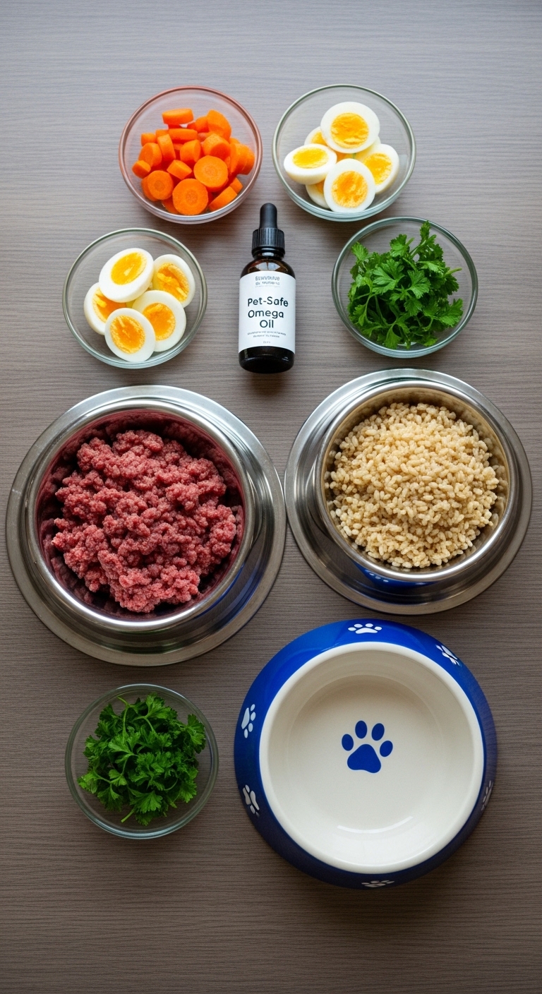 A variety of ingredients for homemade dog meals.