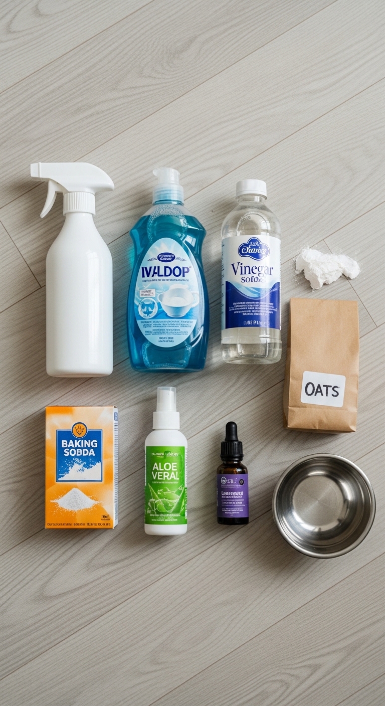 A collection of homemade dog shampoo ingredients.