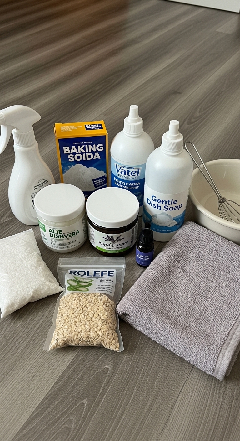 A variety of homemade dog shampoo ingredients.