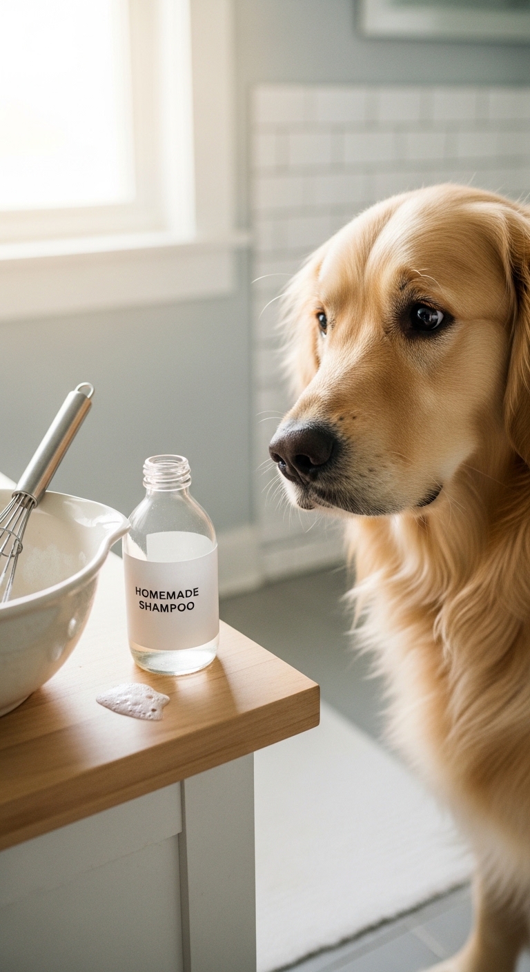 A bottle of homemade dog shampoo sits on a table next to a bowl.