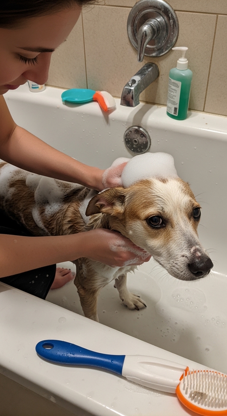 A person is washing a dog in a bathtub.