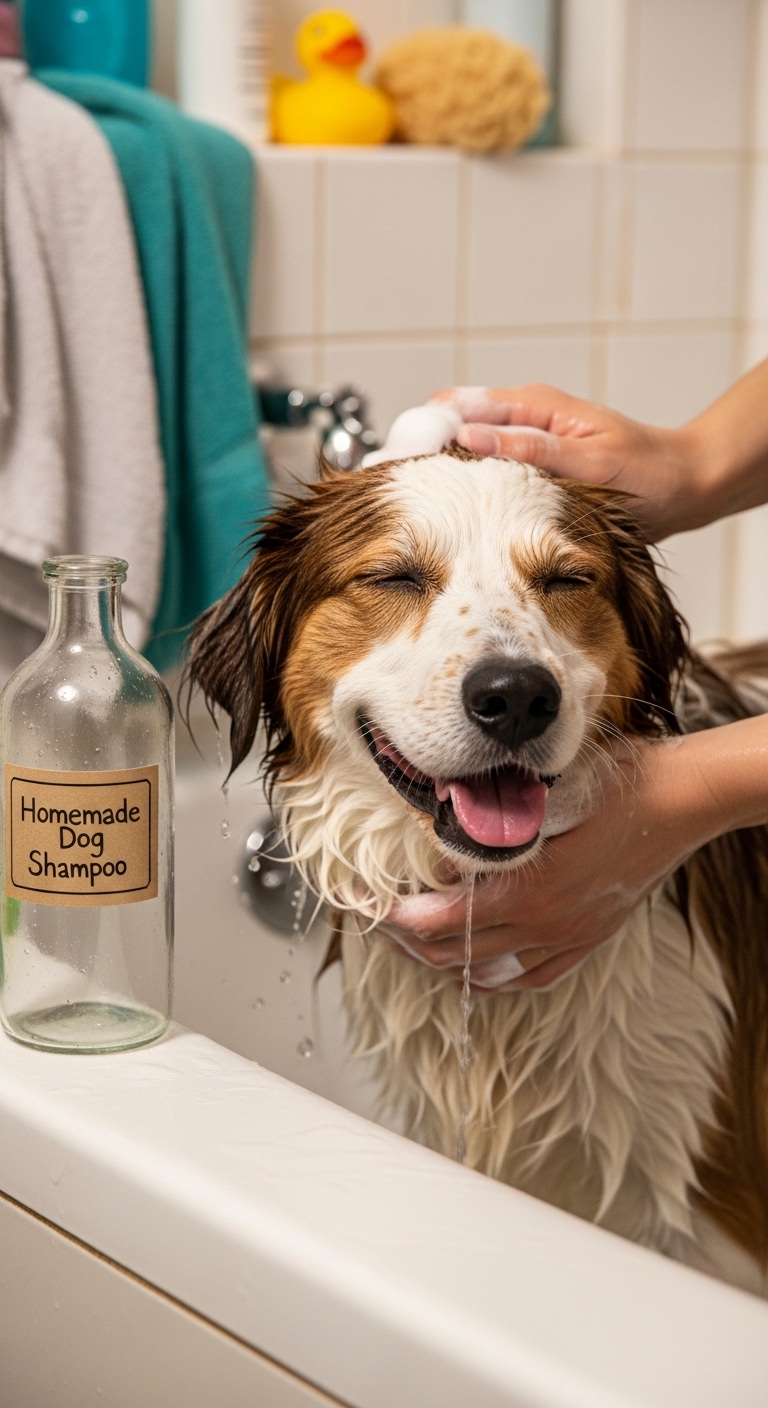 A dog is being washed with homemade dog shampoo.