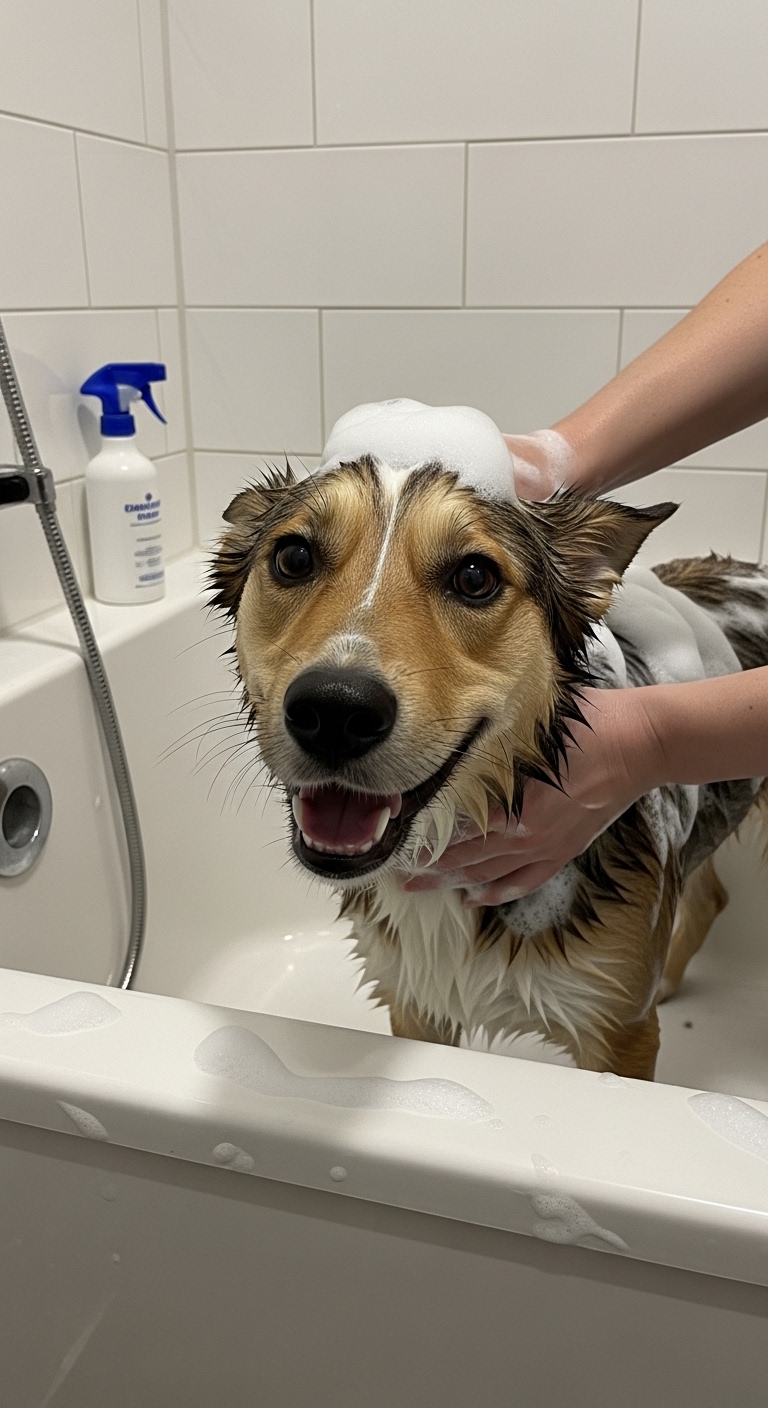 A dog is getting a bath with homemade dog shampoo.