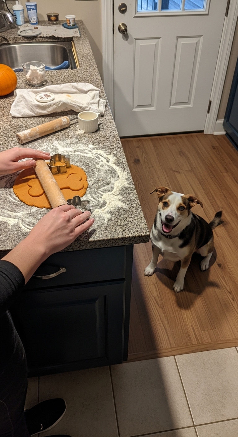 A dog is sitting on the floor in front of a counter with a pumpkin on it.