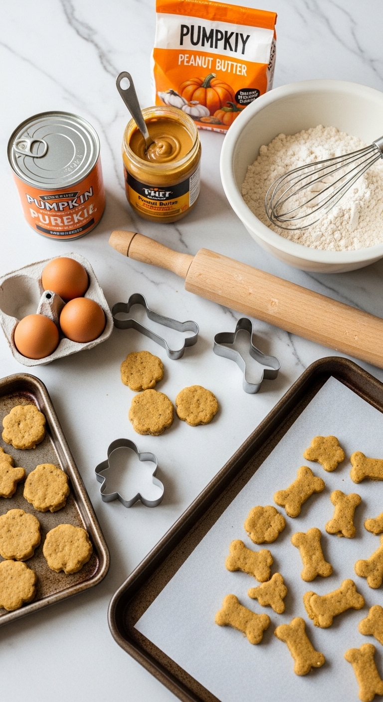 A table with a bowl of flour and a can of pumpkin puree.