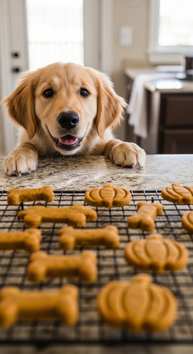 A dog is looking at a tray of homemade pumpkin dog treats.