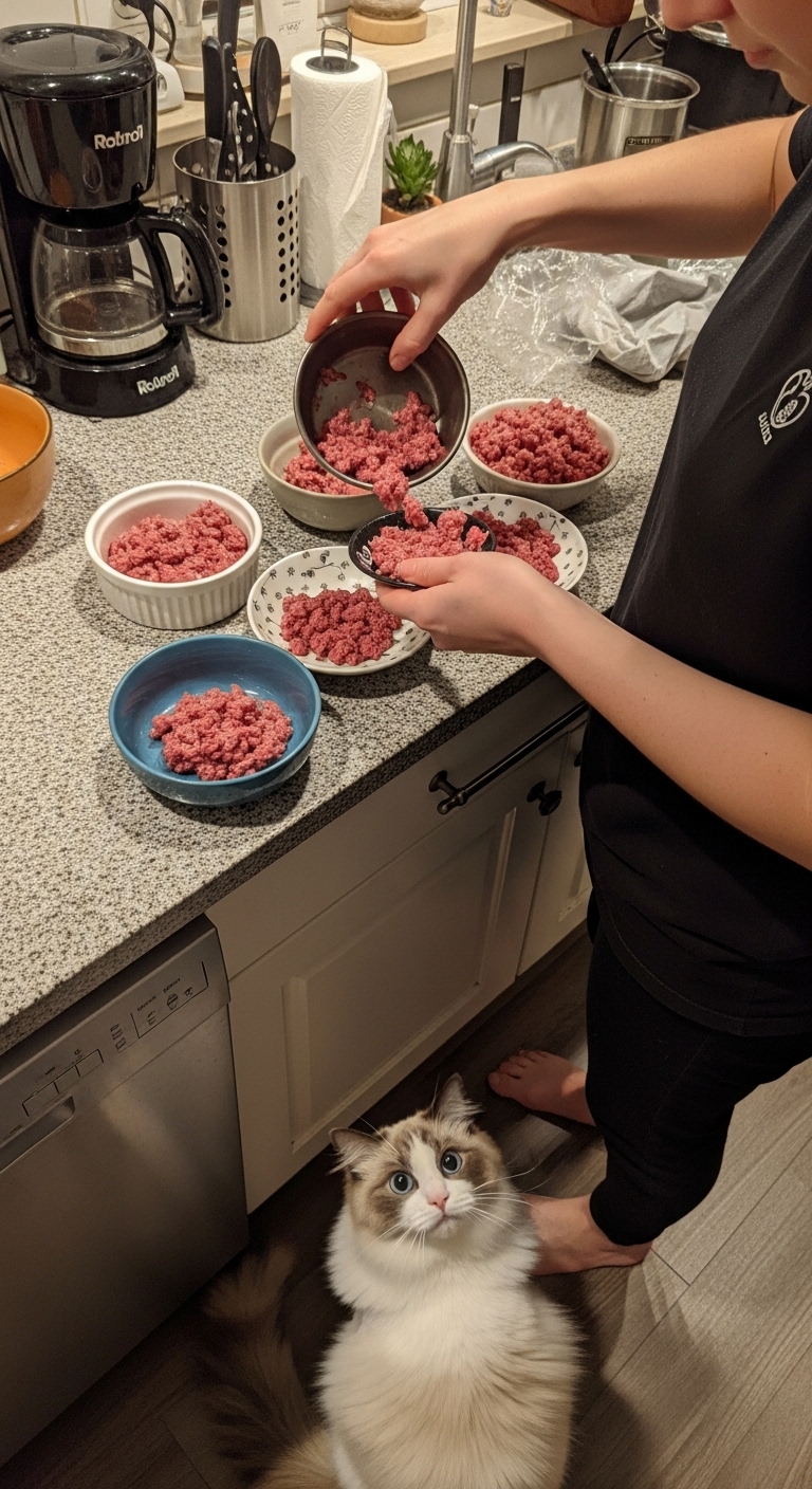 A person is preparing homemade ragdoll cat food.